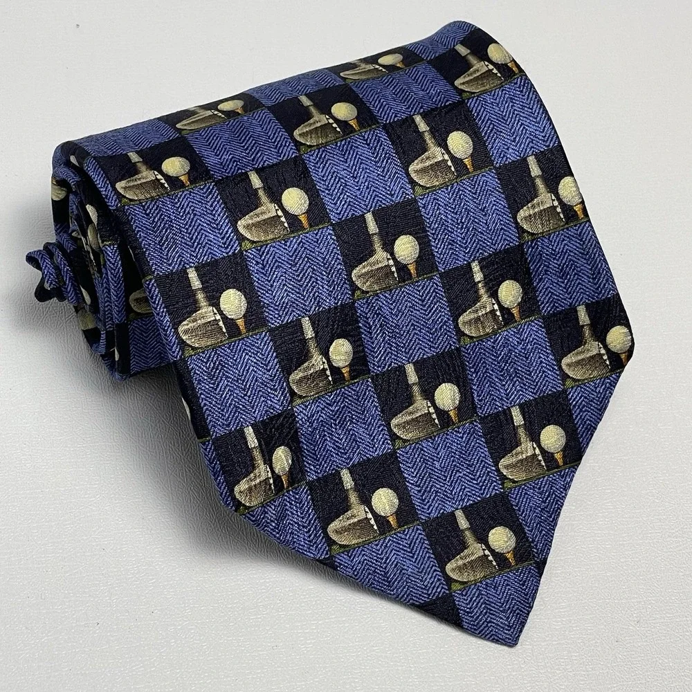Ermenegildo Zegna 100% Silk Italy Seta Tie Golf Club Ball Blue Squares